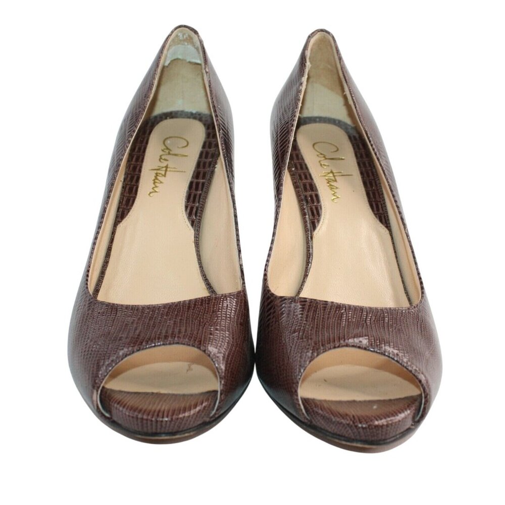 Cole Haan Open Peep Toe High Heel Shoes US 8 B Brown Textured Leather D32670 - Picture 3 of 12